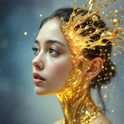The primary subject of the image is a woman with a golden, dripping substance on her face. The setting is a dark background, which contrasts with the woman's golden appearance. The visual style is a combination of photo and digital art, creating a unique and artistic representation of the woman. The colors and mood of the image are predominantly golden, giving it a warm and captivating atmosphere.